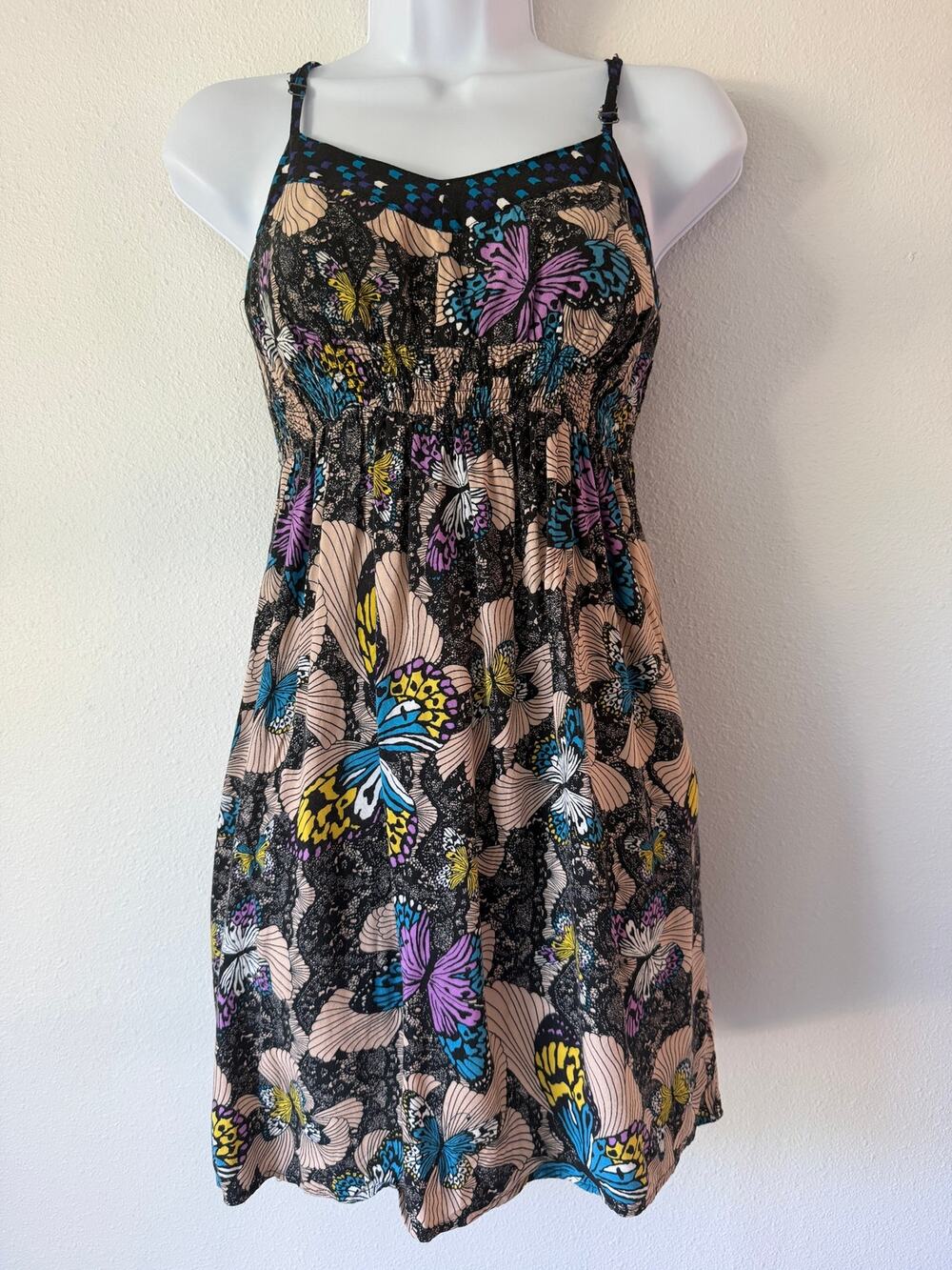 Xhilaration Black Purple Butterfly Print Summer Dress Sweetheart Neckline Small